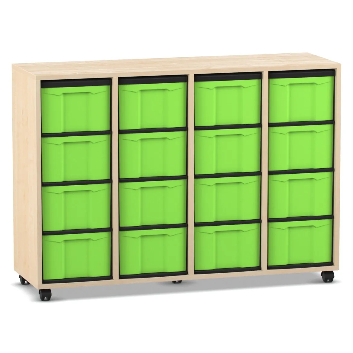 Flexeo Regal, 4 Reihen, Ahorn honig, HxBxT: 92,3 x 130,7 x 40,8 cm, 16 große Boxen grün, Rollen