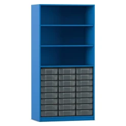 Flexeo® Regal, 3 Reihen, Dekor blau, HxBxT: 190x94,4x48 cm, 24 kleine Boxen transparent