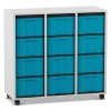 Flexeo Regal, 3 Reihen, 12 große Boxen blau, Dekor grau, mit Sockel