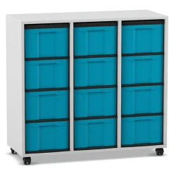 Flexeo Regal, 3 Reihen, 12 große Boxen blau, Dekor grau, mit Sockel