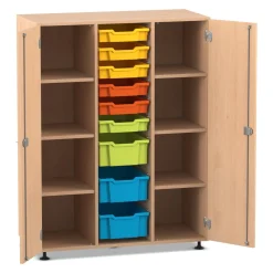 Flexeo® Regalschrank PRO, Buche hell, 3 Reihen, 9 Boxen S und M, bunt A, 2 Türen, Sockel, Schloss