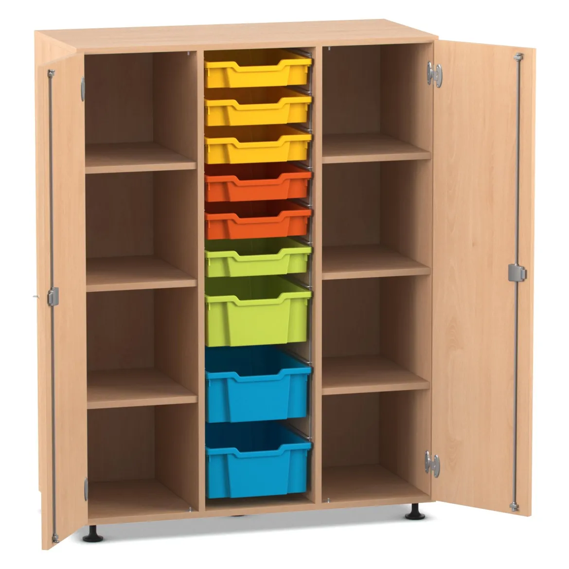 Flexeo® Regalschrank PRO, Buche hell, 3 Reihen, 9 Boxen S und M, bunt A, 2 Türen, Sockel, Schloss