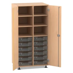 Flexeo Regalschrank PRO mit 2 Reihen, 6 Fächern und 12 kleinen Boxen transparent, Dekor Buche Hell mit Sockel
