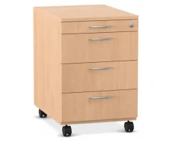Flexeo Rollcontainer mit 4 Schubladen, Buche hell, HxBxT 64,7 x 43,4 x 60,2 cm, Rollen, Bogengriff mit Schloss