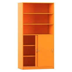 Flexeo® Schiebetürenschrank, Dekor Orange, 6 Fächer, 2 Türen unten, Schloss, 58cm tief