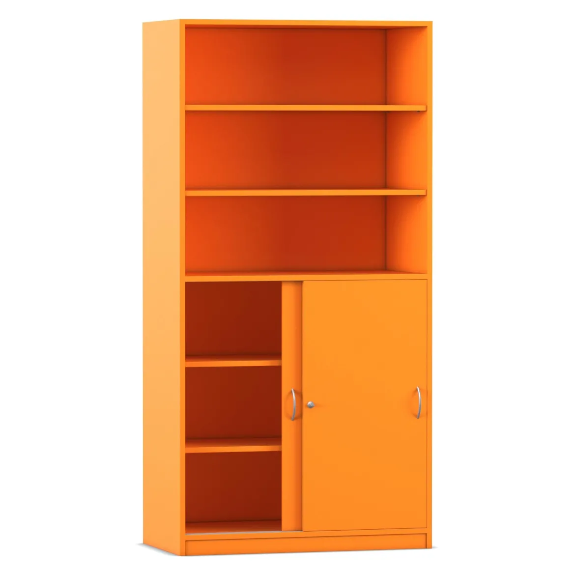 Flexeo® Schiebetürenschrank, Dekor Orange, 6 Fächer, 2 Türen unten, Schloss, 58cm tief