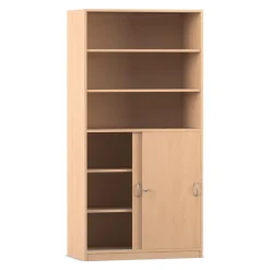 Flexeo Schiebetürenschrank mit 6 Fächern und zwei Türen unten, Buche hell, Tiefe 48 cm