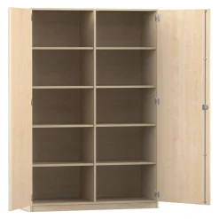 Flexeo® Schrank, Ahorn honig, 10 Fächer, Mittelwand, 2 Türen, Bogengriff mit Schloss, Breite 126,4 cm, Tiefe 60cm