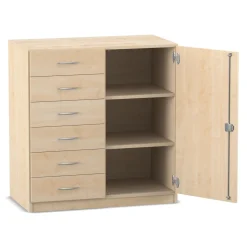 Flexeo® Schrank, Ahorn honig, 6 kleine Schubladen, Türanschlag rechts, HxBxT: 99, 1 x 94,4 x 40 cm, Bogengriff mit Schloss