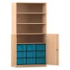 Flexeo® Schrank, Buche hell, 9 große Boxen blau, 4 Fächer, 2 Halbtüren, HxBxT: 190x94,5x50 cm, Bogengriff mit Schloss