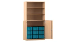 Flexeo® Schrank, Buche hell, 9 große Boxen blau, 4 Fächer, 2 Halbtüren, HxBxT: 190x94,5x50 cm, Bogengriff mit Schloss