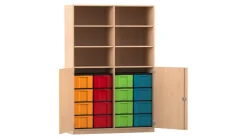 Flexeo® Schrank, Buche hell, HxBxT: 190x126,4x50 cm, 16 große Boxen bunt, 6 Fächer, Mittelwand, 2 Halbtüren, Schloss