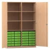 Flexeo® Schrank, Buche hell, 24 kleine Boxen grün, 6 Fächer, Mittelwand, 2 Türen, HxBxT: 190 x 126,4 X 50 cm, Schloss
