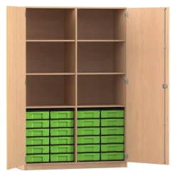 Flexeo® Schrank, Buche hell, 24 kleine Boxen grün, 6 Fächer, Mittelwand, 2 Türen, HxBxT: 190 x 126,4 X 50 cm, Schloss