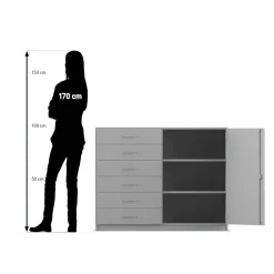 Flexeo Schrank, Buche hell, 6 kleine Schubladen, HxBxT: 99,1 x 126,4 x 40 cm, Türanschlag links, Bogengriff mit Schloss