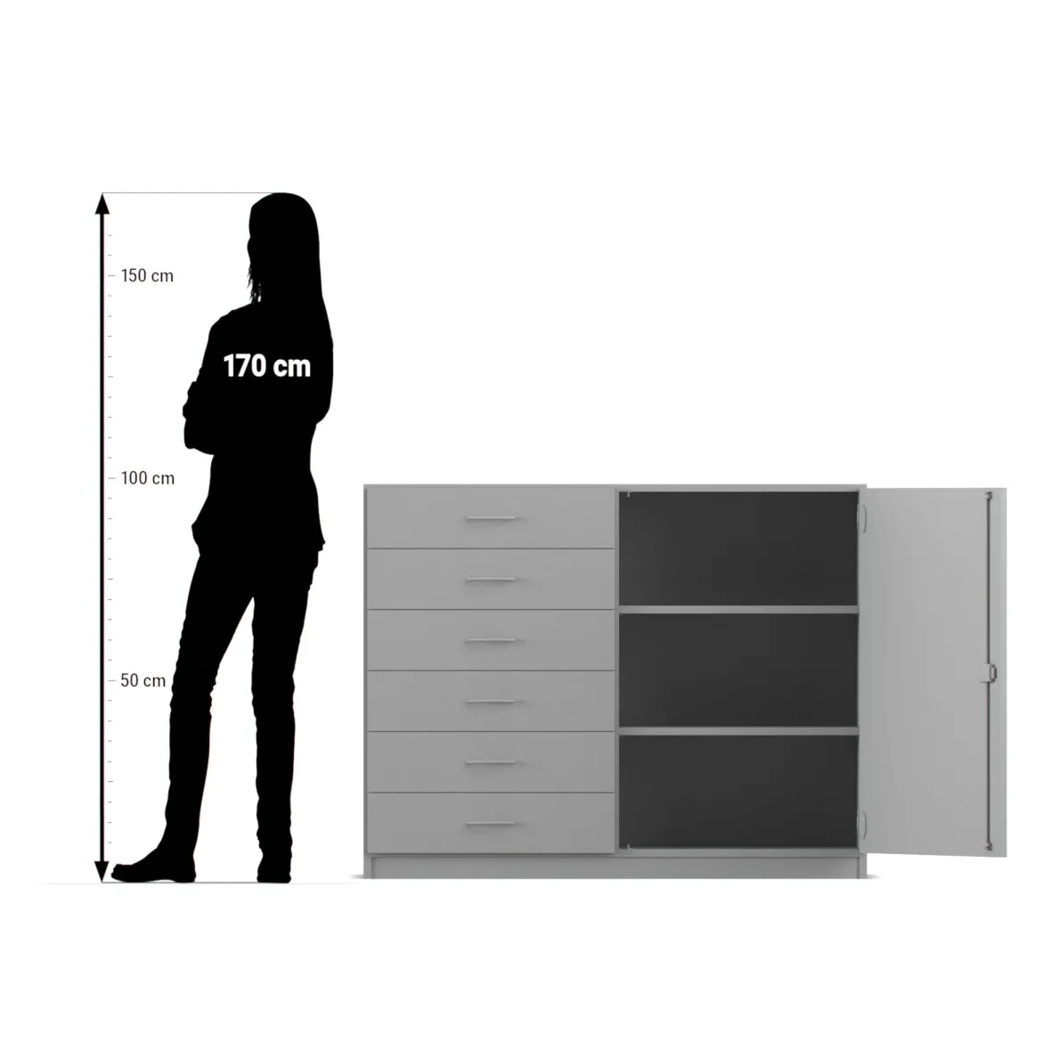 Flexeo Schrank, Buche hell, 6 kleine Schubladen, HxBxT: 99,1 x 126,4 x 40 cm, Türanschlag links, Bogengriff mit Schloss