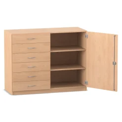 Flexeo Schrank, Buche hell, 6 kleine Schubladen, HxBxT: 99,1 x 126,4 x 40 cm, Türanschlag links, Bogengriff mit Schloss