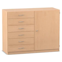 Flexeo Schrank, Buche hell, 6 kleine Schubladen, HxBxT: 99,1 x 126,4 x 40 cm, Türanschlag links, Bogengriff mit Schloss