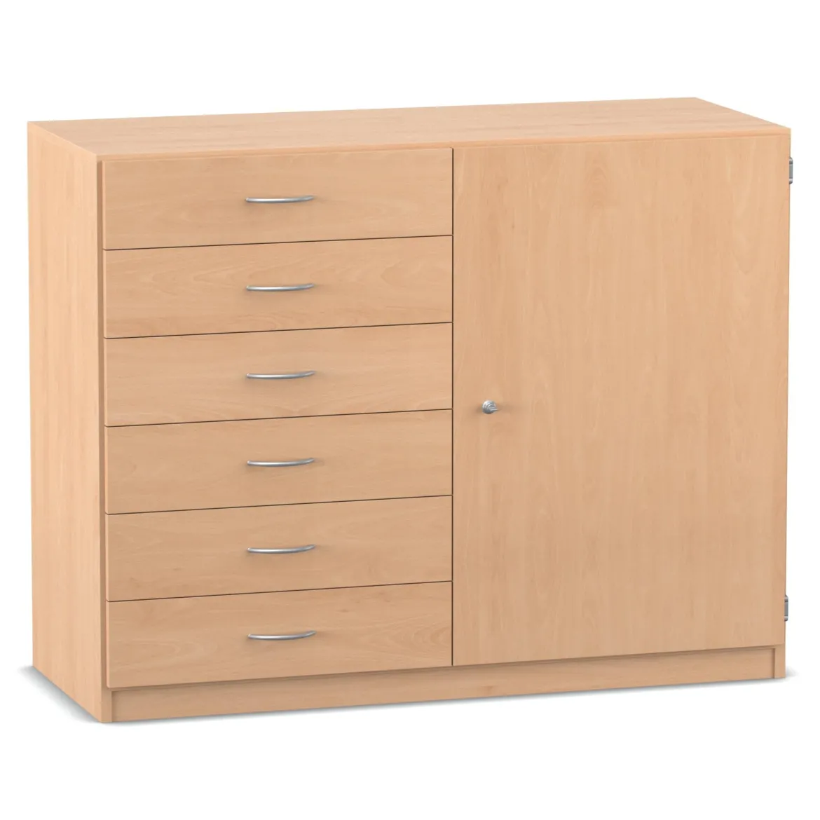 Flexeo Schrank, Buche hell, 6 kleine Schubladen, HxBxT: 99,1 x 126,4 x 40 cm, Türanschlag links, Bogengriff mit Schloss