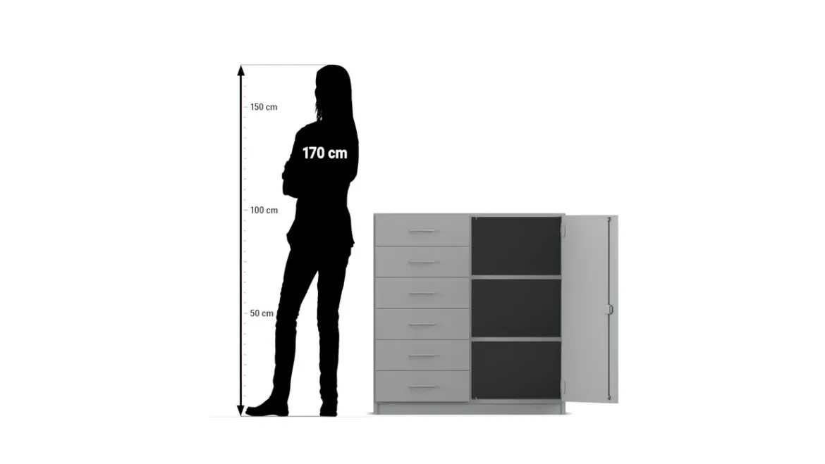Flexeo® Schrank, Buche hell, 6 kleine Schubladen, Türanschlag rechts, HxBxT: 99, 1 x 94,4 x 40 cm, Bogengriff mit Schloss