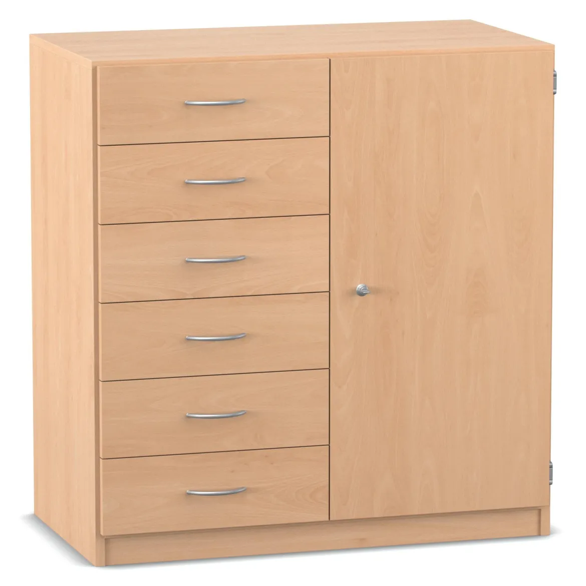 Flexeo® Schrank, Buche hell, 6 kleine Schubladen, Türanschlag rechts, HxBxT: 99, 1 x 94,4 x 40 cm, Bogengriff mit Schloss