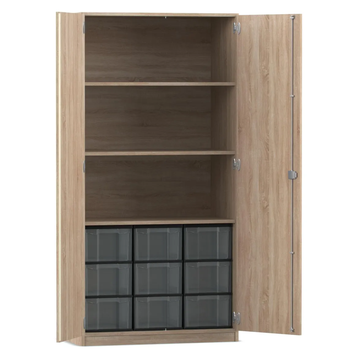 Flexeo® Schrank, Eiche natur, HxBxT: 190x94,4x60 cm, 9 große Boxen, 3 Fächer, 2 Türen, Dreholive