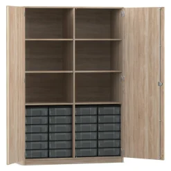 Flexeo® Schrank, Eiche natur, 24 kleine Boxen transparent, 6 Fächer, Mittelwand, 2 Türen, HxBxT: 190 x 126,4 X 50 cm, Dreholive