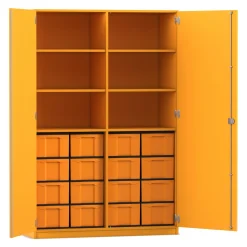 Flexeo® Schrank gelb, 16 große Boxen gelb, 6 Fächer, Mittelwand, 2 Türen