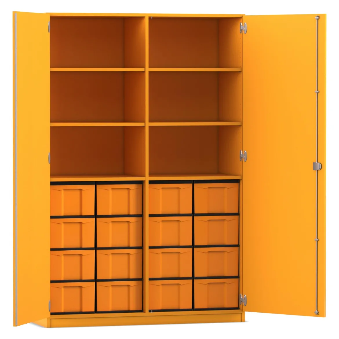 Flexeo® Schrank gelb, 16 große Boxen gelb, 6 Fächer, Mittelwand, 2 Türen