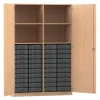 Flexeo® Schrank, 40 kleine Boxen transparent, Mittelwand, 2 Türen, Buche Hell, Bodengriff mit Schloss