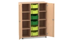 Flexeo Schrank mit 3 Reihen, 9 Boxen hell-/dunkelgrün , 2 Türen, Dekor buche hell