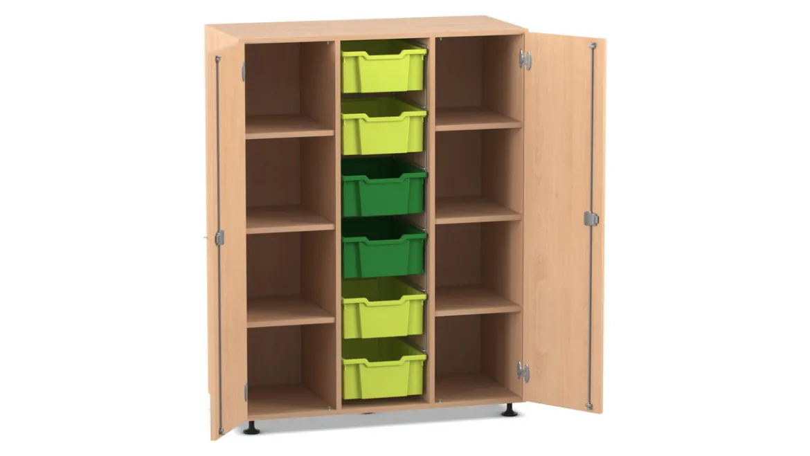 Flexeo Schrank mit 3 Reihen, 9 Boxen hell-/dunkelgrün , 2 Türen, Dekor buche hell