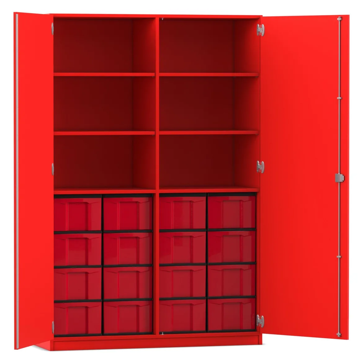 Flexeo® Schrank rot, 16 große Boxen rot, 6 Fächer, Mittelwand, 2 Türen