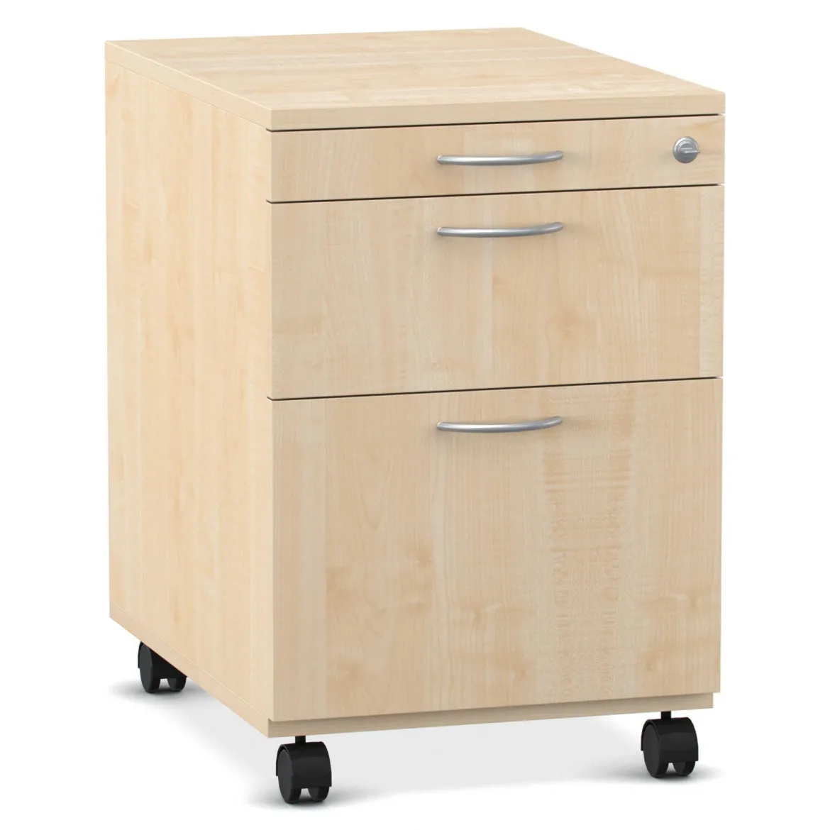 Flexeo® Schreibtisch-Container mit 3 Schubladen, Ahorn honig, HxBxT: 64,7 x 43,4 x 60,2 cm, Rollen, Bogengriff mit Schloss