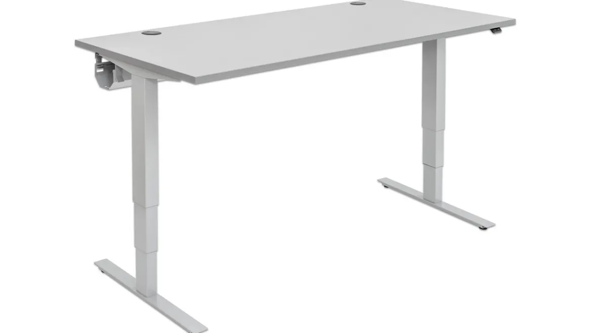 Flexeo® Schreibtisch 160 x 80 cm, Dekor grau, elektrisch höhenverstellbar 63 bis 129 cm, Gestell weißaluminium