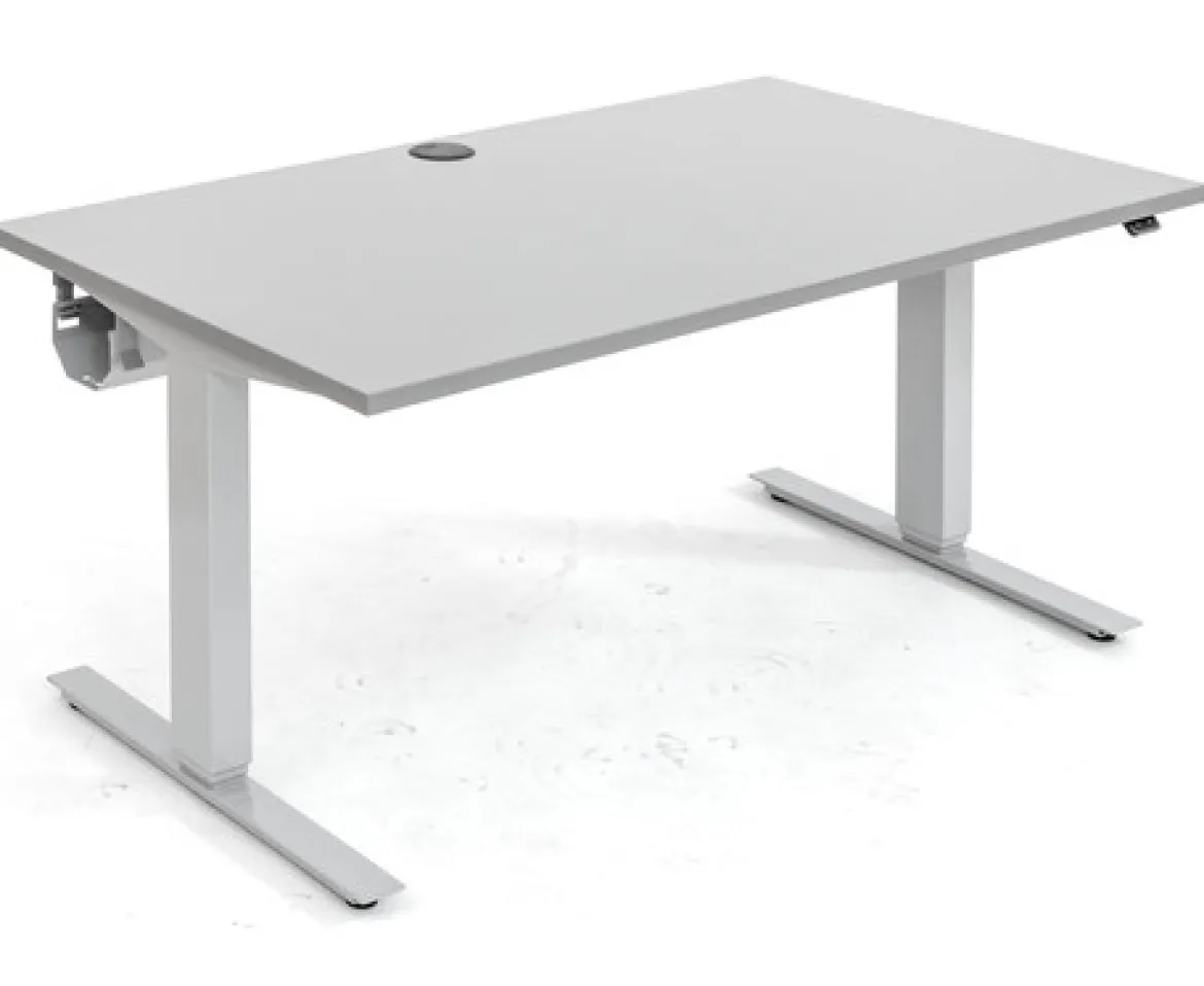 Flexeo Schreibtisch 140 x 80 cm, Dekor grau, elektrisch höhenverstellbar 63 bis 129 cm