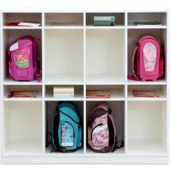 Flexeo Schulranzenregal PRO weiß, 4 Reihen, BxHxT 143,9x132,2x48 cm, auf Sockel