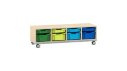 Flexeo® Sitzregal PRO Ahorn honig, Stahlrahmen, 4 Reihen, je 4 große und kleine Boxen bunt B, Rollen