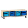 Flexeo® Sitzregal PRO Ahorn honig, Stahlrahmen, 4 Reihen, je 4 große und kleine Boxen hellbau/dunkelblau, Rollen