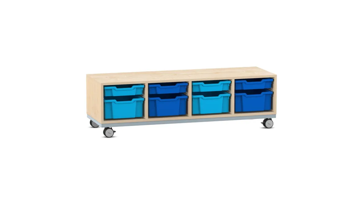 Flexeo® Sitzregal PRO Ahorn honig, Stahlrahmen, 4 Reihen, je 4 große und kleine Boxen hellbau/dunkelblau, Rollen