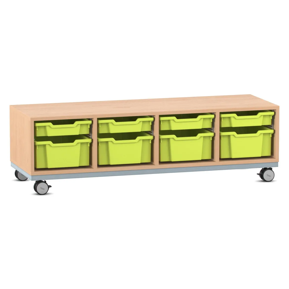 Flexeo® Sitzregal PRO Buche hell, Stahlrahmen, HxBxT: 42,9 x 143,9 x 48 cm, je 4 große und kleine Boxen hellgrün