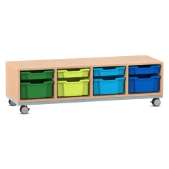 Flexeo® Sitzregal PRO Buche hell, Stahlrahmen, 4 Reihen, je 4 große und kleine Boxen hellgrün, Rollen