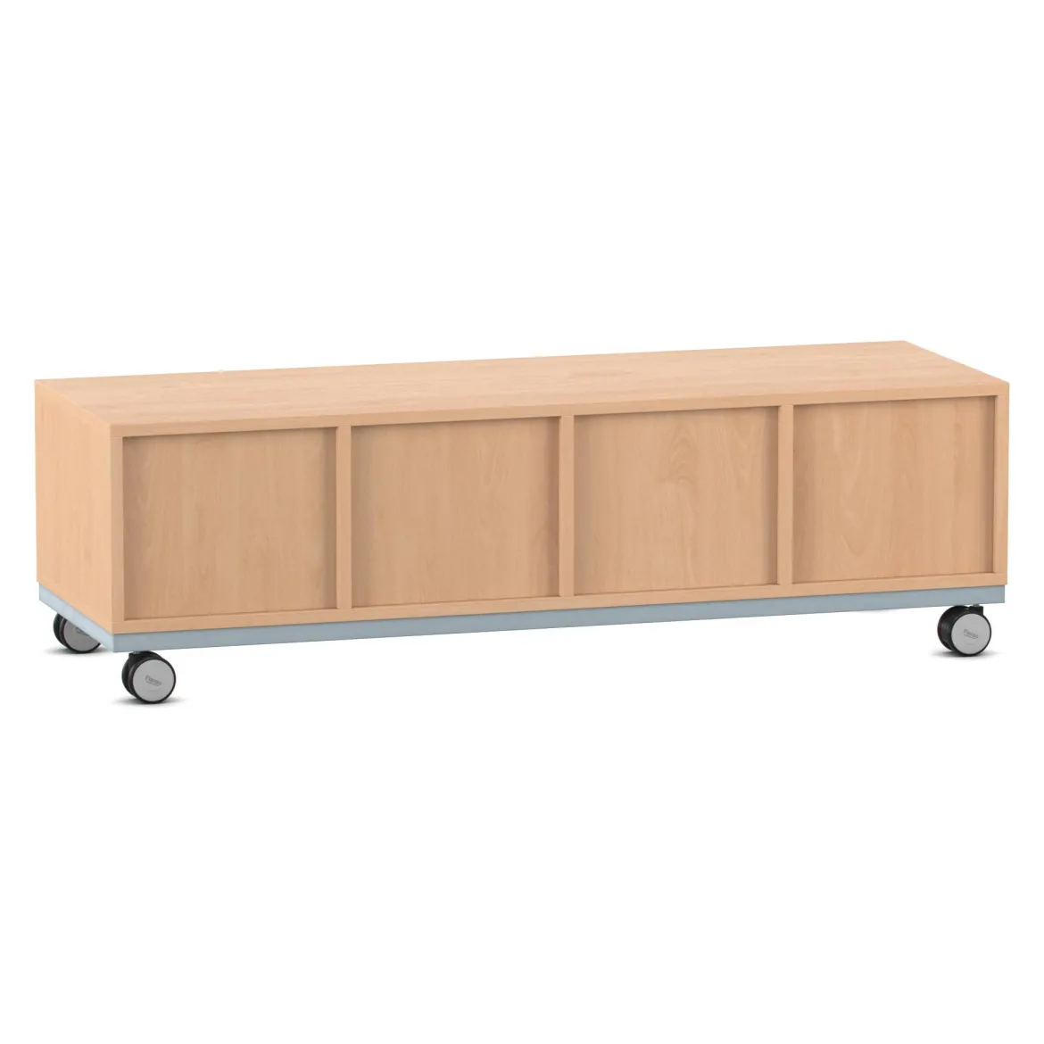 Flexeo® Sitzregal PRO Buche hell, Stahlrahmen, 4 Reihen, je 4 große und kleine Boxen hellblau/dunkelblau, Rollen