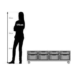 Flexeo® Sitzregal PRO Buche hell, Stahlrahmen, 4 Reihen, je 4 große und kleine Boxen hellblau/dunkelblau, Rollen