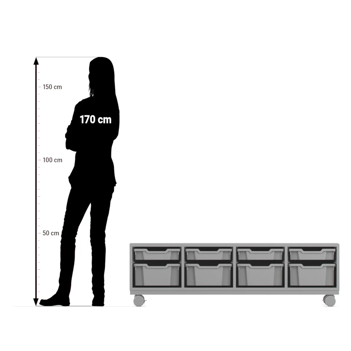 Flexeo® Sitzregal PRO Buche hell, Stahlrahmen, 4 Reihen, je 4 große und kleine Boxen hellblau/dunkelblau, Rollen