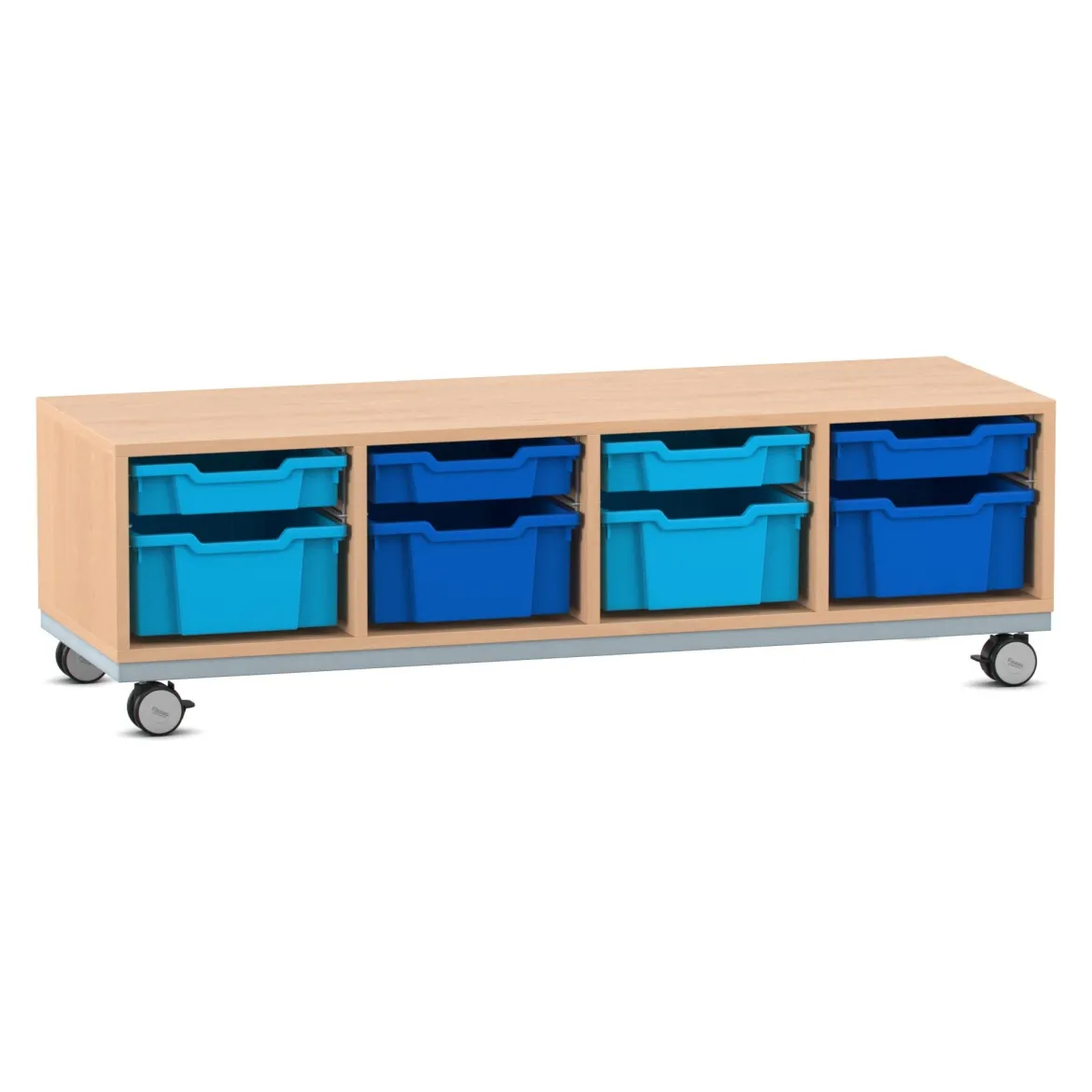 Flexeo® Sitzregal PRO Buche hell, Stahlrahmen, 4 Reihen, je 4 große und kleine Boxen hellblau/dunkelblau, Rollen
