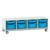 Flexeo® Sitzregal PRO weiß, HxBxT: 42,9 x 143,9 x 48 cm, 8 Boxen hellblau, mit Rollen
