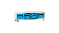 Flexeo® Sitzregal PRO weiß, HxBxT: 42,9 x 143,9 x 48 cm, 8 Boxen hellblau, mit Rollen