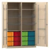 Flexeo Sportschrank, Ahorn honig, HxBxT: 190 x 126,4 x 60 cm, 4 Gitterkörbe, 12 große Boxen bunt, Bogengriff mit Schloss
