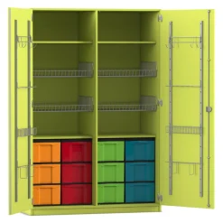 Flexeo Sportschrank, Dekor apfelgrün, HxBxT: 190 x 126,4 x 60 cm, 4 Gitterkörbe, 12 große Boxen bunt, Bogengriff mit Schloss